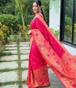 Pink silk blend saree with meenakari motifs