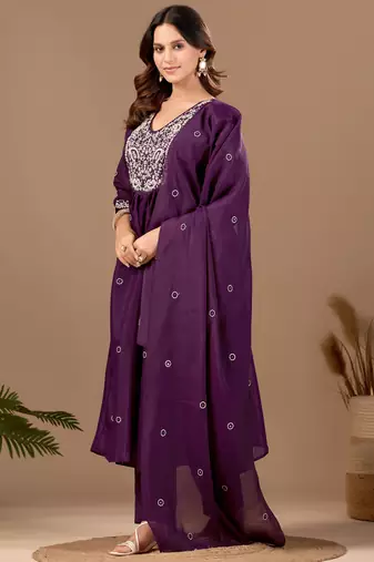 Wine mul chanderi embroidered anarkali kurta set with dupatta for women
