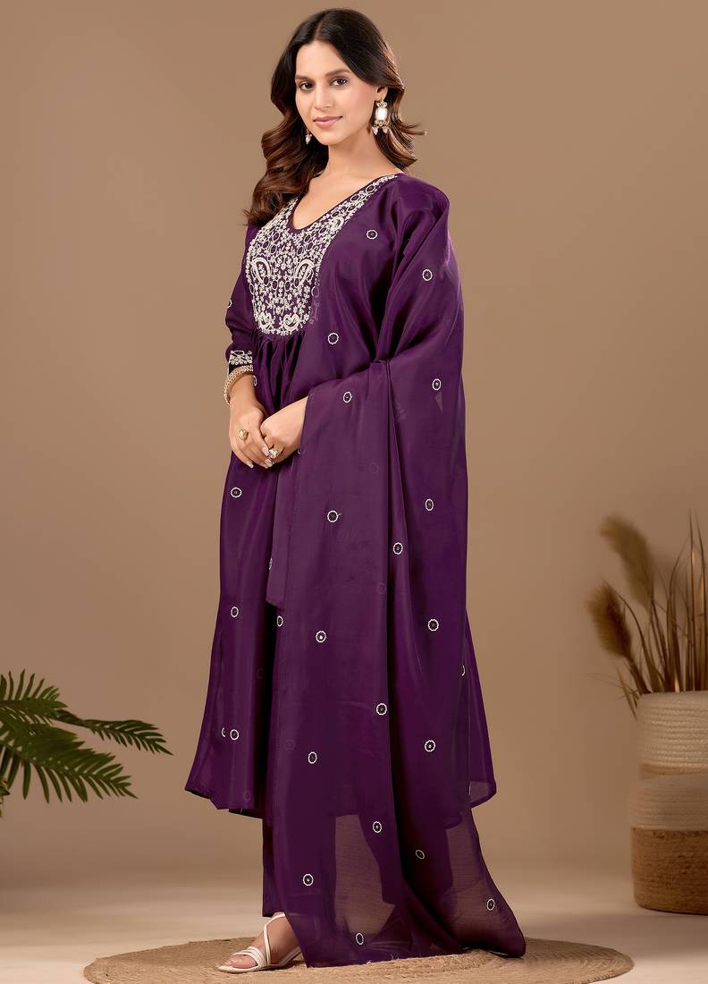 Wine mul chanderi embroidered anarkali kurta set with dupatta for women