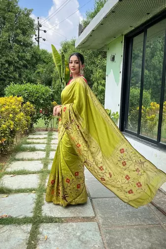 Pista silk blend saree with meenakari motifs
