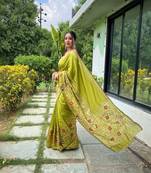 Pista silk blend saree with meenakari motifs