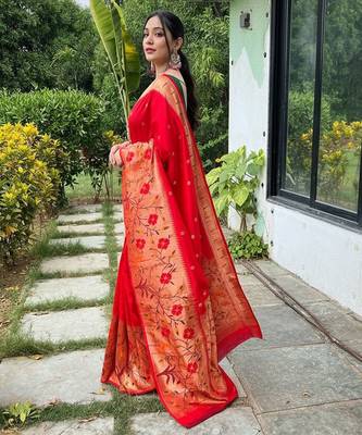 Red silk blend saree with meenakari motifs 1