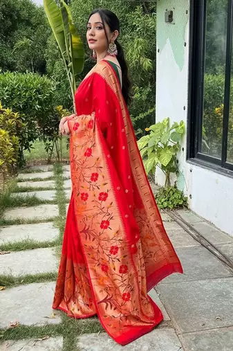 Red silk blend saree with meenakari motifs