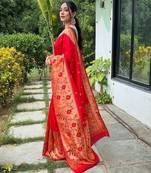 Red silk blend saree with meenakari motifs