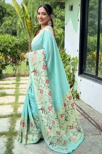 Sky blue silk blend saree with meenakari motifs