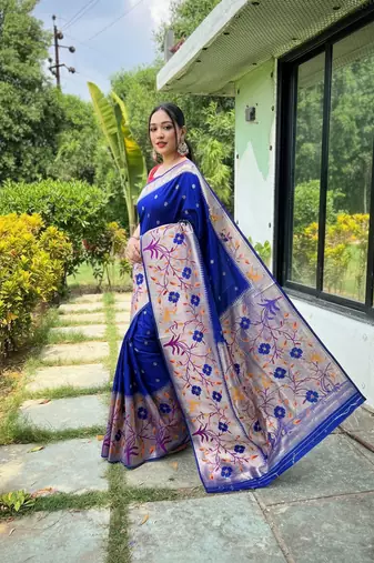 Violet silk blend saree with meenakari motifs