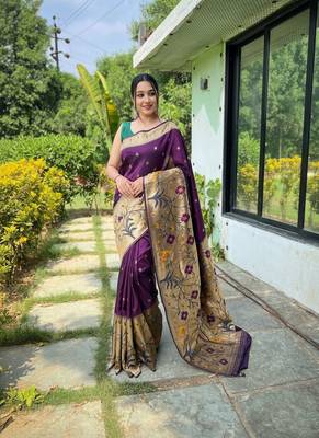 Wine silk blend saree with meenakari motifs 1