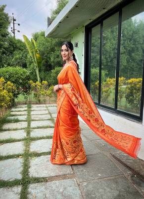 Orange silk blend saree with meenakari motifs 1