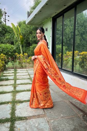 Orange silk blend saree with meenakari motifs