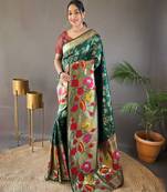 Green silk blend saree with rich weaved heavy pallu & 3d traditional design with gold and silver zari