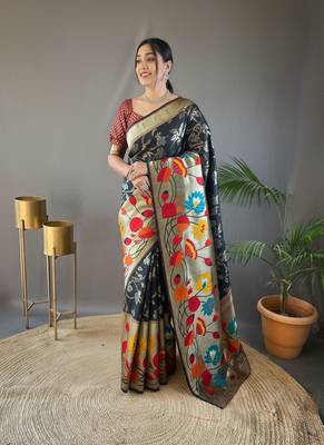 Black soft silk saree with rich weaved paithani pallu & 3d traditional design with gold and silver zari 1