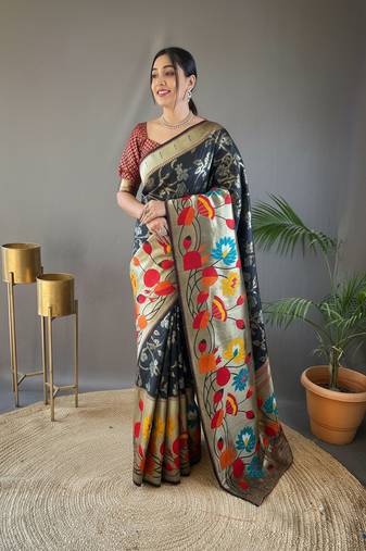 Black soft silk saree with rich weaved paithani pallu & 3d traditional design with gold and silver zari