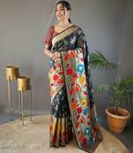 Black soft silk saree with rich weaved paithani pallu & 3d traditional design with gold and silver zari