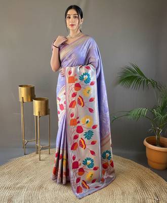 Lavender soft silk blend saree with rich weaved heavy pallu & 3d traditional design with gold and silver zari 1