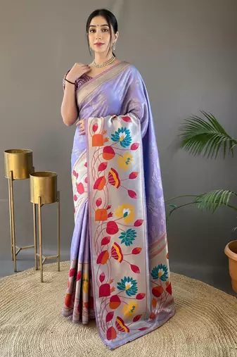 Lavender soft silk blend saree with rich weaved heavy pallu & 3d traditional design with gold and silver zari