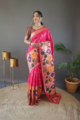 Pink silk blend saree with rich weaved heavy pallu & 3d traditional design with gold and silver zari 1