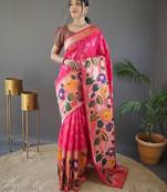 Pink silk blend saree with rich weaved heavy pallu & 3d traditional design with gold and silver zari