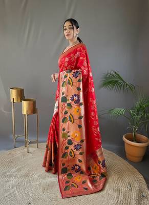 Red silk blend saree with rich weaved heavy pallu & 3d traditional design with gold and silver zari 1