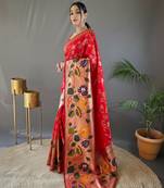 Red silk blend saree with rich weaved heavy pallu & 3d traditional design with gold and silver zari