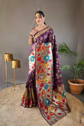 Wine soft silk blend saree with rich weaved heavy pallu & 3d traditional design with gold and silver zari