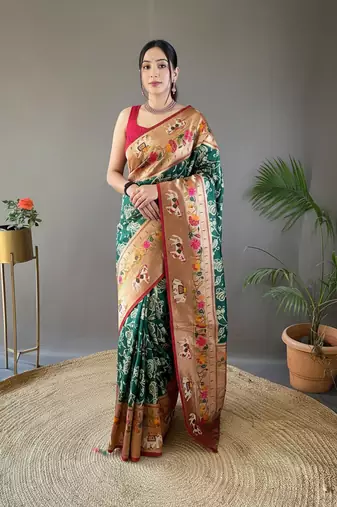 Green style silk blend zari weaving contrust border saree with blouse