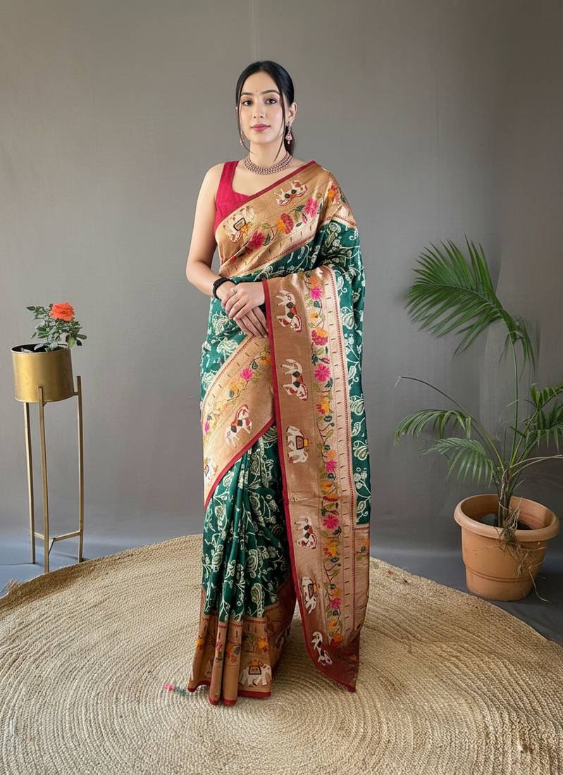 Green style silk blend zari weaving contrust border saree with blouse