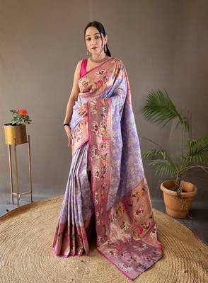 Lavender style silk blend zari weaving contrust border saree with blouse 1