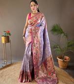 Lavender style silk blend zari weaving contrust border saree with blouse