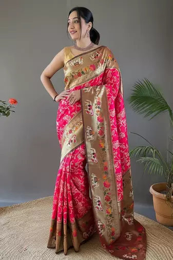 Pink style silk blend zari weaving contrust border saree with blouse