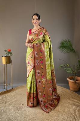 Pista green style silk blend zari weaving contrust border saree with blouse 1