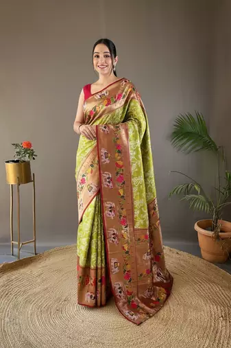 Pista green style silk blend zari weaving contrust border saree with blouse