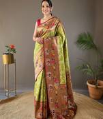 Pista green style silk blend zari weaving contrust border saree with blouse