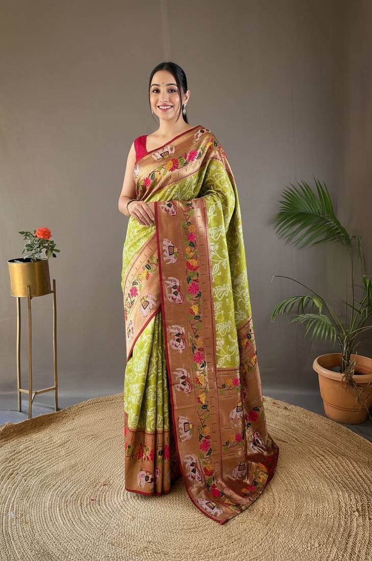 Pista green style silk blend zari weaving contrust border saree with blouse