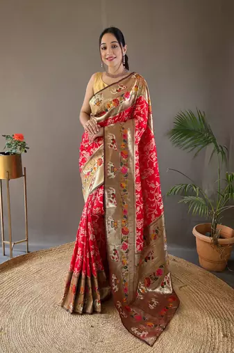 Red style silk blend zari weaving contrust border saree with blouse