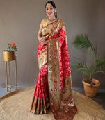 Red style silk blend zari weaving contrust border saree with blouse