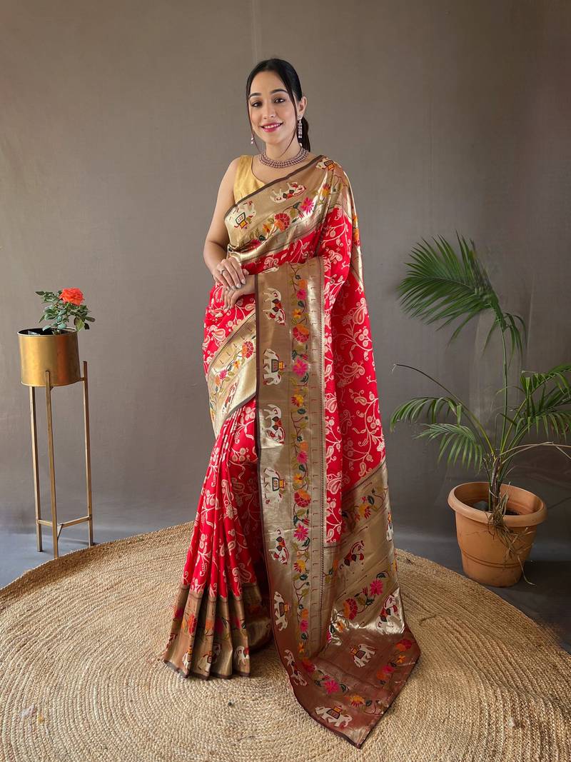 Red style silk blend zari weaving contrust border saree with blouse