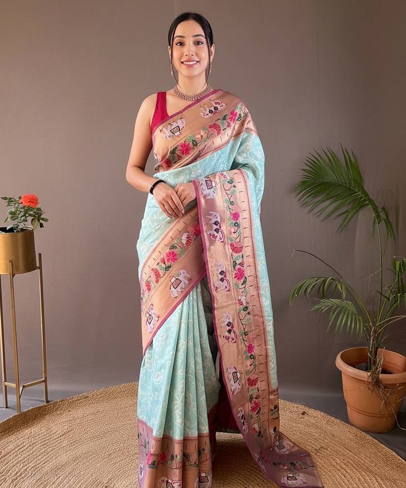 Sky blue paithani style silk bland zari weaving contrust border saree with blouse