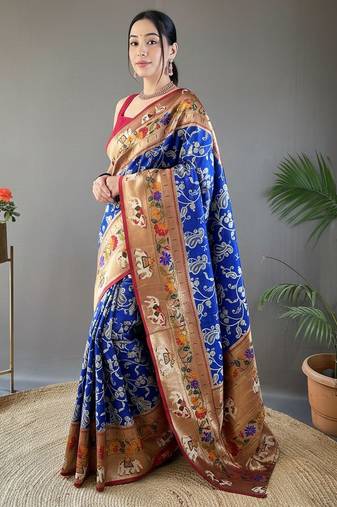 Violet style silk blend zari weaving contrust border saree with blouse