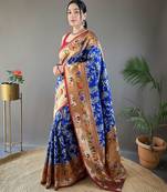Violet style silk blend zari weaving contrust border saree with blouse