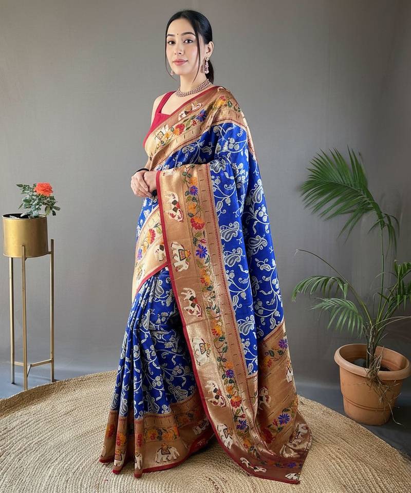 Violet style silk blend zari weaving contrust border saree with blouse
