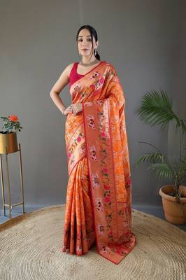 Orange style silk blend zari weaving contrust border saree with blouse 1
