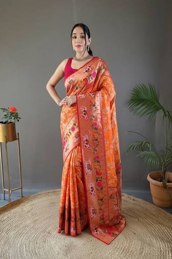 Orange style silk blend zari weaving contrust border saree with blouse