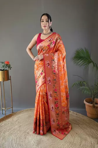 Orange style silk blend zari weaving contrust border saree with blouse