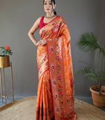 Orange style silk blend zari weaving contrust border saree with blouse