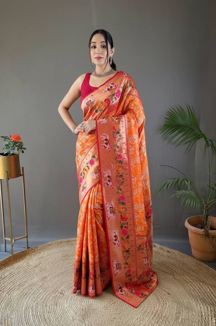 Orange style silk blend zari weaving contrust border saree with blouse