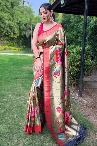 Traditional olive green silk blend saree with vibrant floral motifs