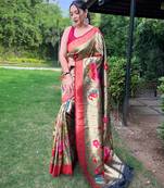 Traditional olive green silk blend saree with vibrant floral motifs