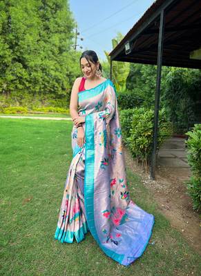 Traditional lavender silk blend saree with vibrant floral motifs 1