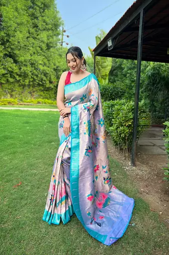 Traditional lavender silk blend saree with vibrant floral motifs