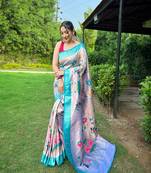 Traditional lavender silk blend saree with vibrant floral motifs